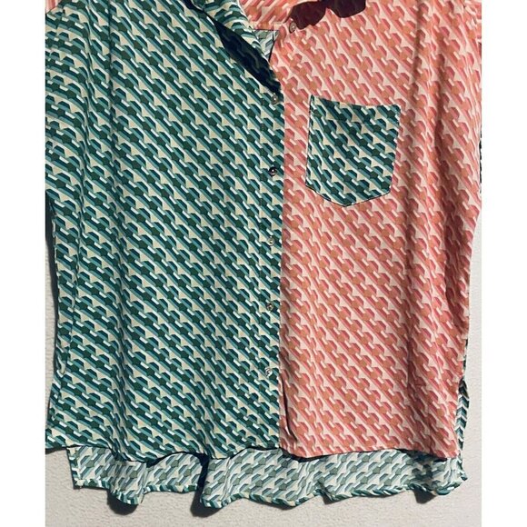 Entro Top Womens Medium Retro Boho Print Button Up Hi Low Hem Boxy Oversized - Picture 2 of 8